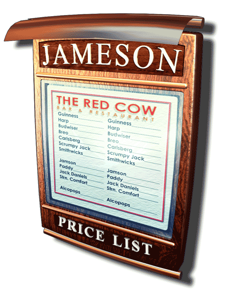 Pub Pricing Display showing Jameson Branding