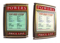 Pub Pricing Display showing Powers Branding