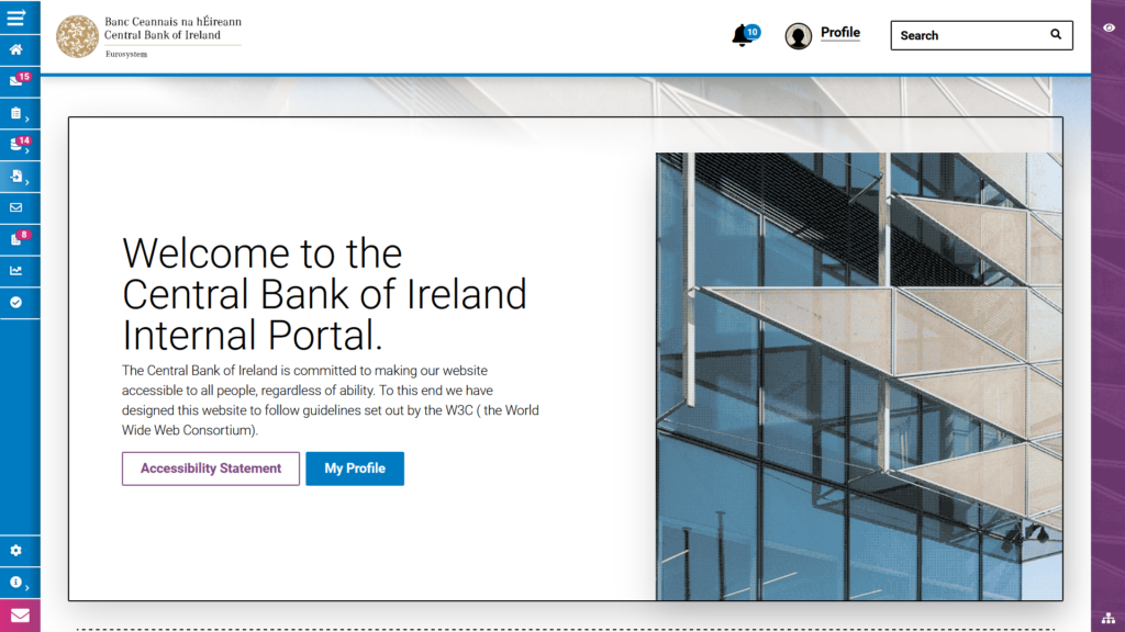 Welcome to the Central Bank of Ireland Internal Portal to handle tax returns. Home Component