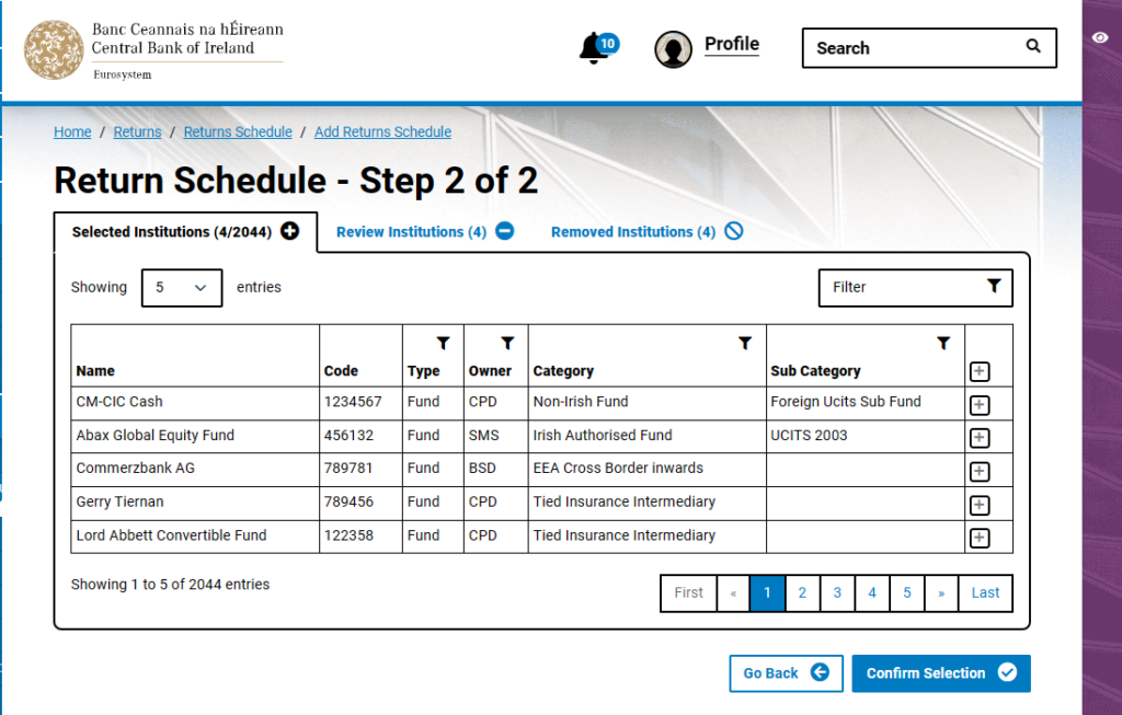 Returns Schedule Component (Step 2)